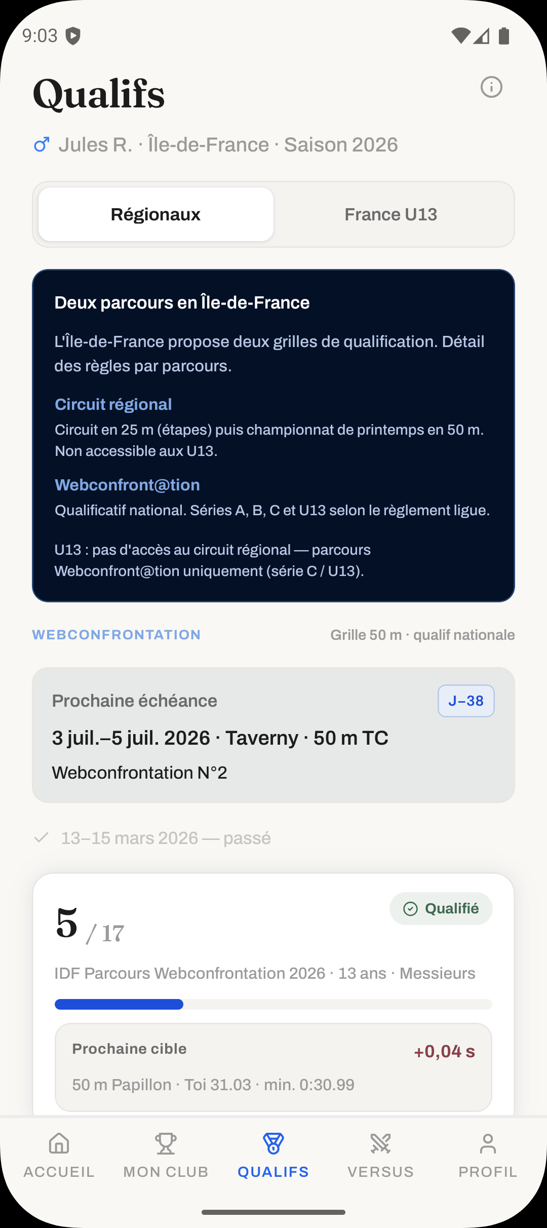Écran qualifications dans l’application Kymos