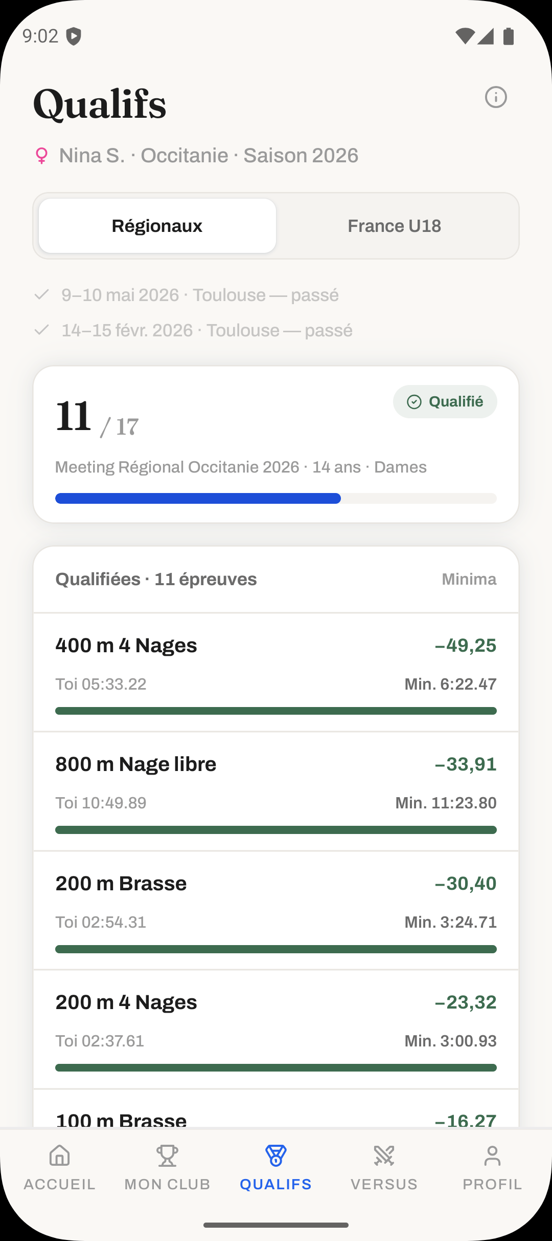 Écran qualifications dans l’application Kymos