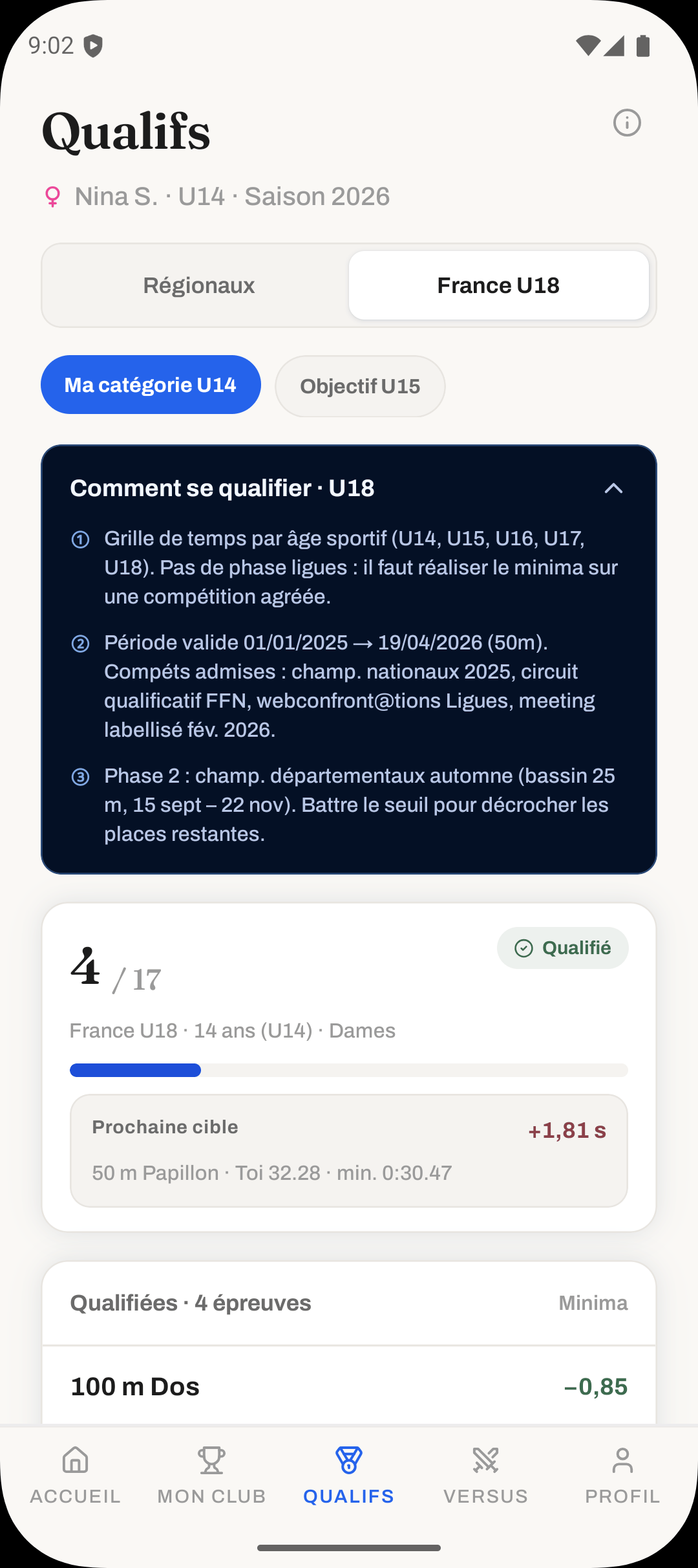 Écran qualifications dans l’application Kymos